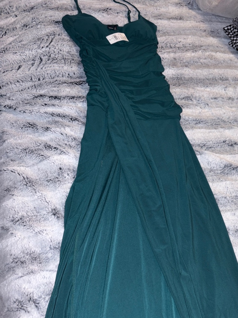 NWT Windsor Hunter Teal Ruched Maxi Dress with Spaghetti Straps with slit